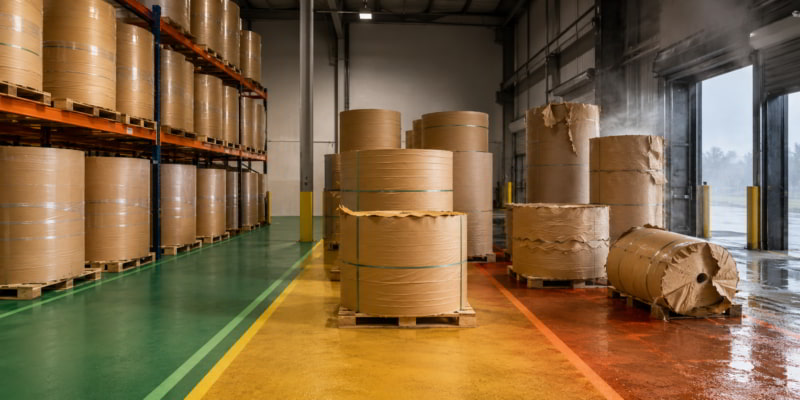 Warehouse storage risk map with kraft paper rolls in safe, caution, and high-risk zones near a loading dock.