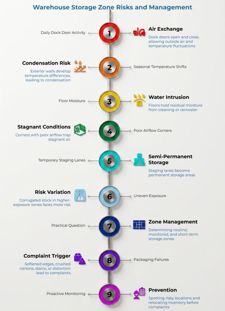 “Warehouse Storage Zone Risks and Management” showing a vertical 1–9 timeline of risks, including air exchange, condensation, water intrusion, stagnant corners, staging storage, uneven exposure, complaints, and prevention.