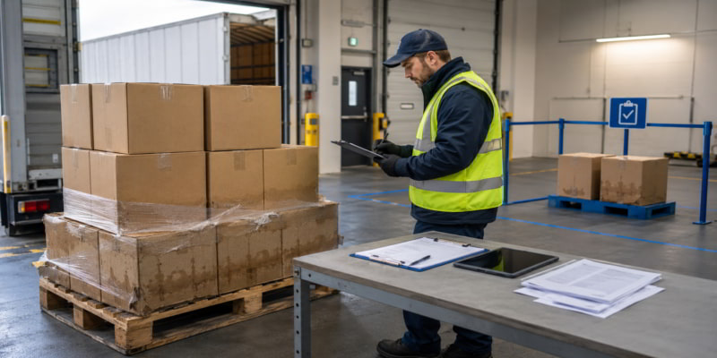 Warehouse worker inspecting a pallet of damp corrugated boxes at a loading dock before storage.