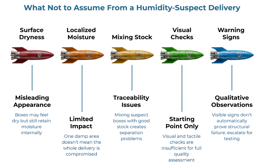 “What Not to Assume From a Humidity-Suspect Delivery,” showing five rocket markers for surface dryness, localized moisture, mixing stock, visual checks, and warning signs, with cautions about misleading appearance and traceability.