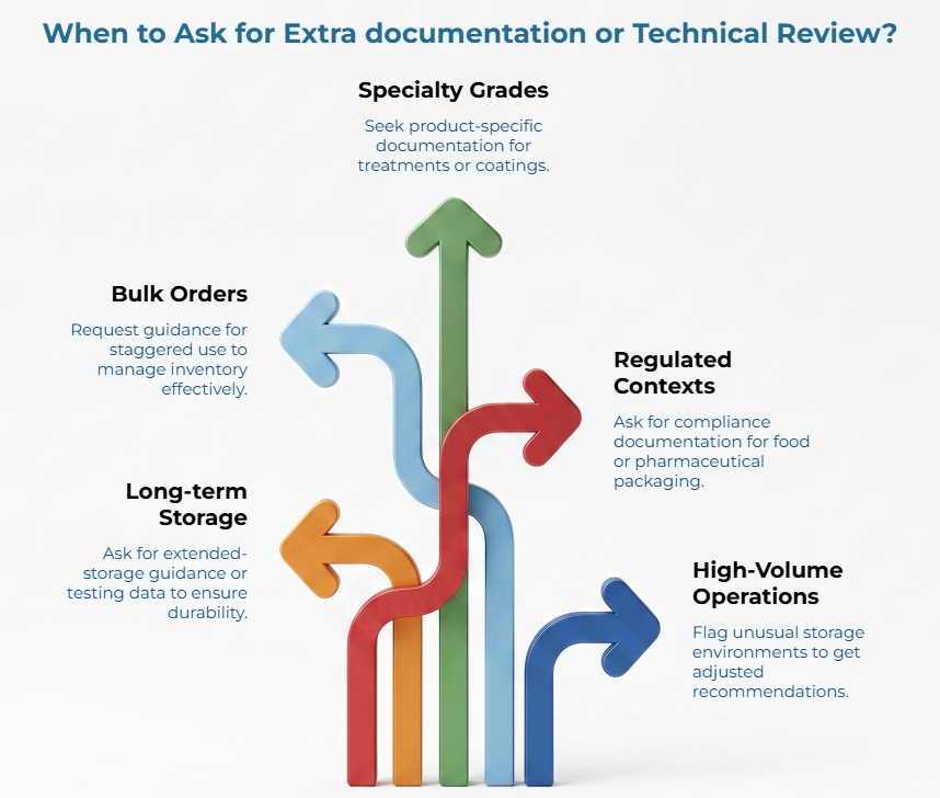 “When to Ask for Extra Documentation or Technical Review?” showing branching colored arrows for specialty grades, regulated contexts, high-volume operations, long-term storage, and bulk orders needing added guidance.