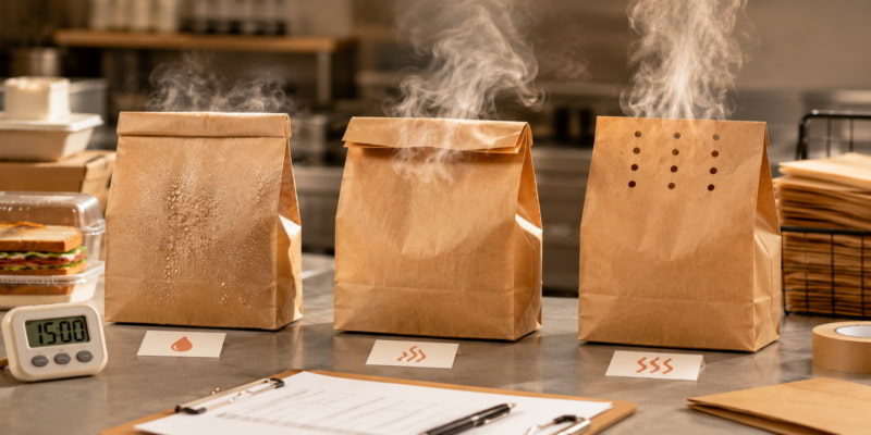 Three kraft food bags compare sealed, folded, and vented closures with visible steam and moisture on a test counter.