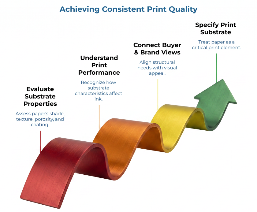 “Achieving Consistent Print Quality” showing a rising colored ribbon with four steps: evaluate substrate properties, understand print performance, connect buyer and brand views, and specify print substrate for consistent paper bag printing.