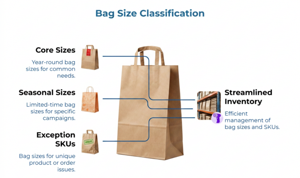 “Bag Size Classification” showing a large paper bag linked to core sizes, seasonal sizes, exception SKUs, and streamlined inventory for efficient management of paper bag sizes and SKUs.