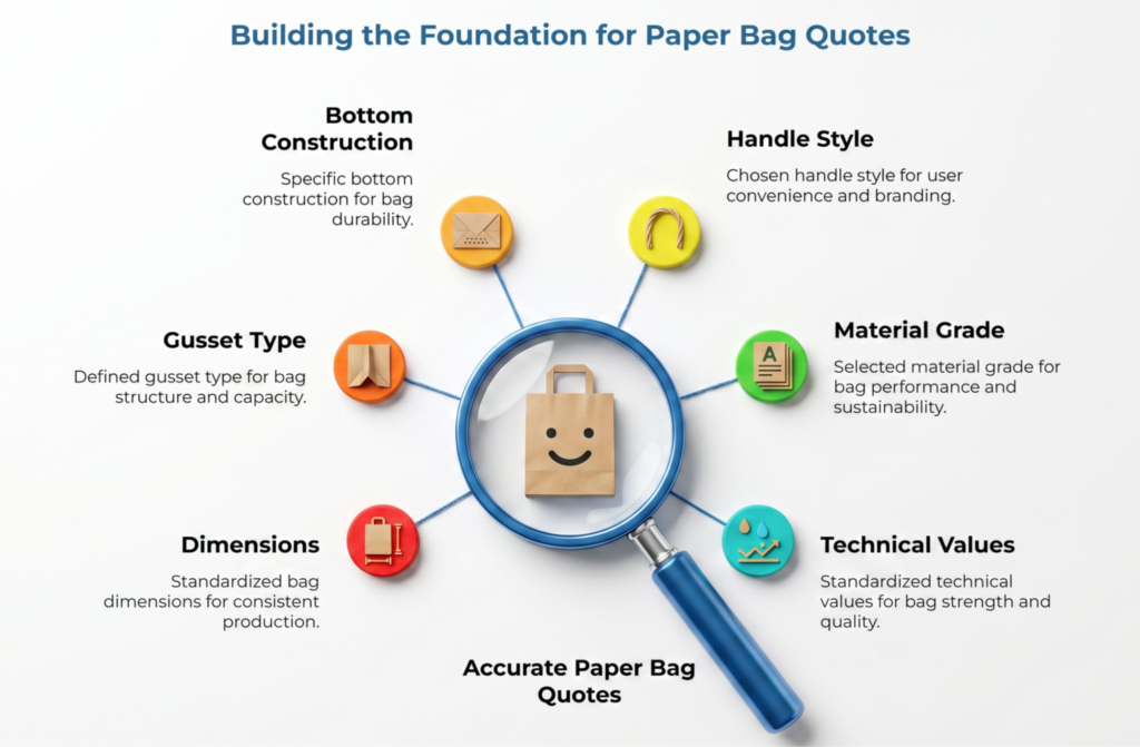 “Building the Foundation for Paper Bag Quotes” showing a magnifying glass over a paper bag, with quote inputs including dimensions, gusset type, bottom construction, handle style, material grade, and technical values for accurate paper bag quoting.