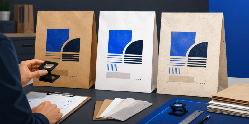 Kraft paper bag centered in a desk layout linking bag components to declarations, test reports, and a bill of materials.