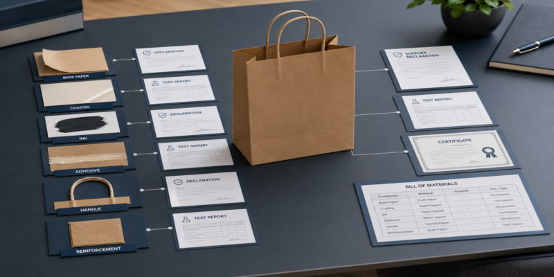 Kraft paper bag centered in a desk layout linking bag components to declarations, test reports, and a bill of materials.
