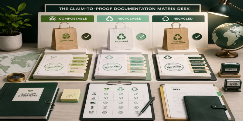 Desk matrix comparing compostable, recyclable, and recycled paper bag claims with proof documents and checklist.