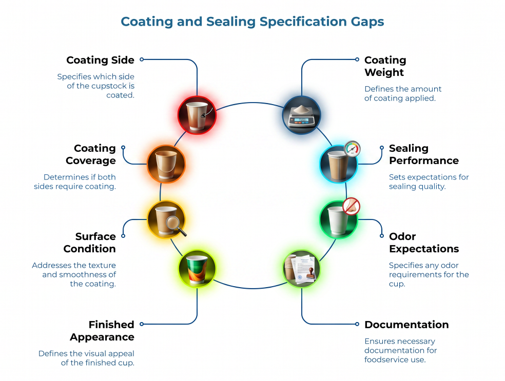 Infographic titled “Coating and Sealing Specification Gaps,” showing cupstock factors including coating side, coverage, surface condition, finished appearance, coating weight, sealing performance, odor expectations, and foodservice documentation.