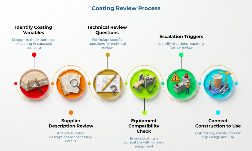 Infographic titled “Coating Review Process,” showing cupstock coating review steps: identify coating variables, review supplier descriptions, form technical questions, check equipment compatibility, flag escalation triggers, and link coating construction to cup use.
