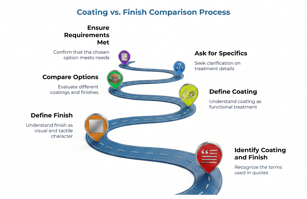 “Coating vs. Finish Comparison Process” showing a winding road workflow to identify coating and finish terms, define coating as a functional treatment, define finish as visual or tactile character, compare options, ask for specifics, and confirm requirements are met.
