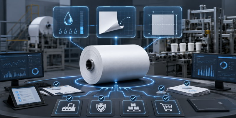 Cupstock roll at a control desk with moisture, curl, and dimensional stability panels beside a paper cup production line.