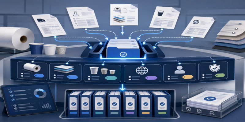 Cupstock documents flow into a blue control desk linking grades, coatings, markets, owners, and review records.