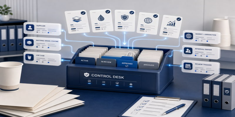Cupstock documentation control desk linking approved records to supplier, use case, market, owner, and review trigger.
