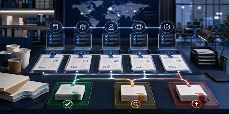 Cupstock compliance desk with verification checkpoints routing documents to approve, review, and escalate lanes.