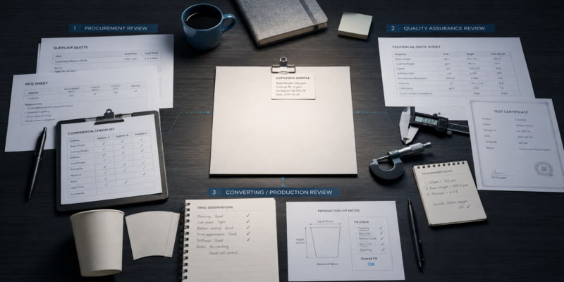 Top-down desk scene showing a cupstock sample reviewed across procurement, QA, and production documents and tools.