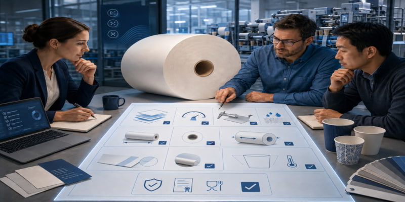 Procurement, QA, and production teams review cupstock roll specifications at a factory meeting table.