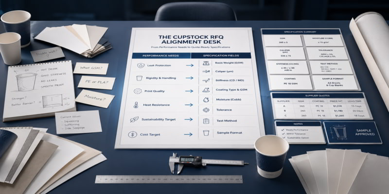 Desk scene showing cupstock RFQ requirements translated into supplier-ready specification fields and quote comparison panels.