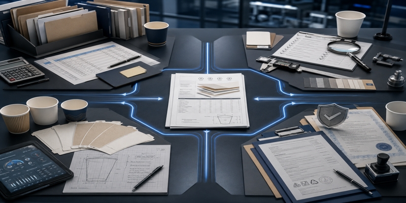 Cupstock specification sheet routed across procurement, QA, production, and compliance review desks.