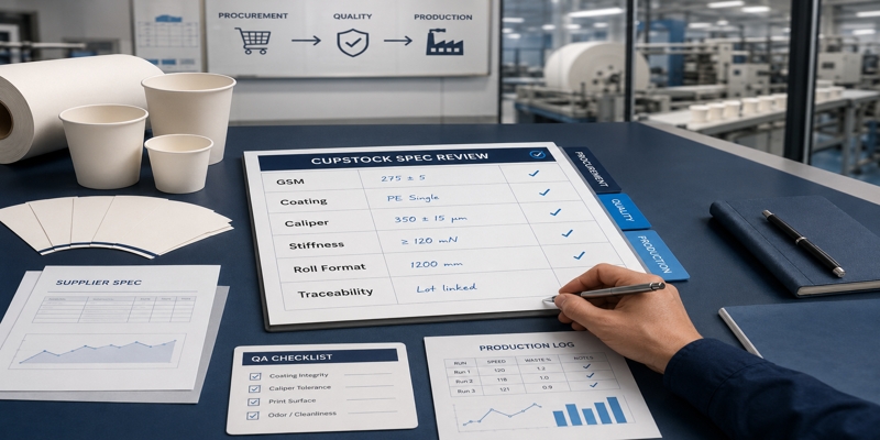 Cupstock review desk with specification sheet, QA checklist, production log, paper cups, and supplier documents.