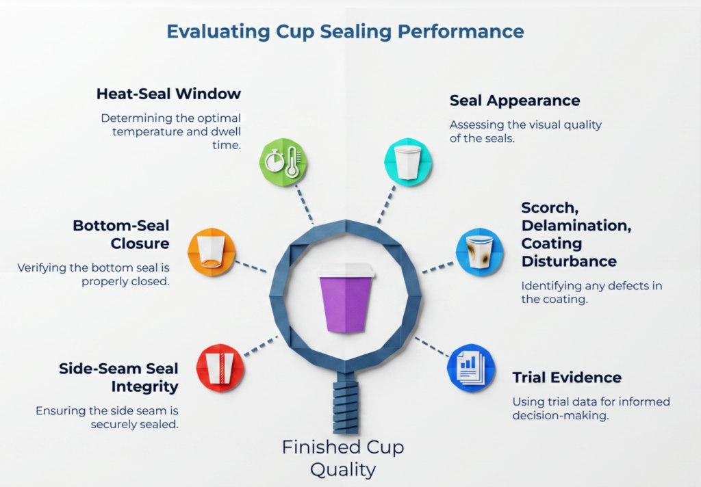 Infographic titled “Evaluating Cup Sealing Performance,” showing factors that affect finished cup quality: heat-seal window, seal appearance, bottom-seal closure, side-seam integrity, coating defects, and trial evidence for decision-making.