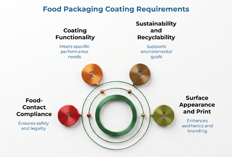 “Food Packaging Coating Requirements” showing four numbered coating priorities around concentric circles: ensuring safety and legality, meeting specific performance needs, supporting environmental goals, and enhancing aesthetics and branding.