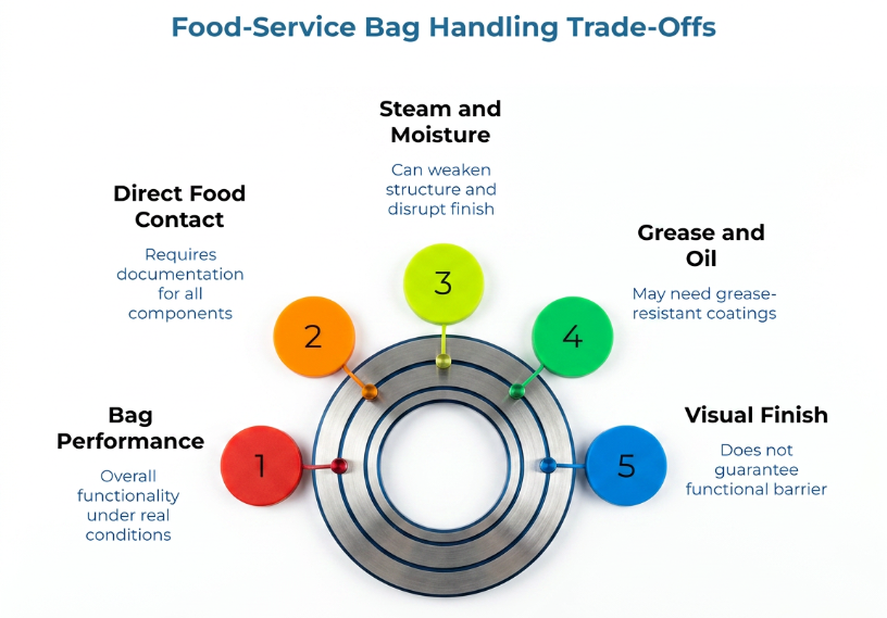 “Food-Service Bag Handling Trade-Offs” showing five numbered factors around a circular center: bag performance, direct food contact, steam and moisture, grease and oil, and visual finish, highlighting documentation, barrier, and real-use needs.