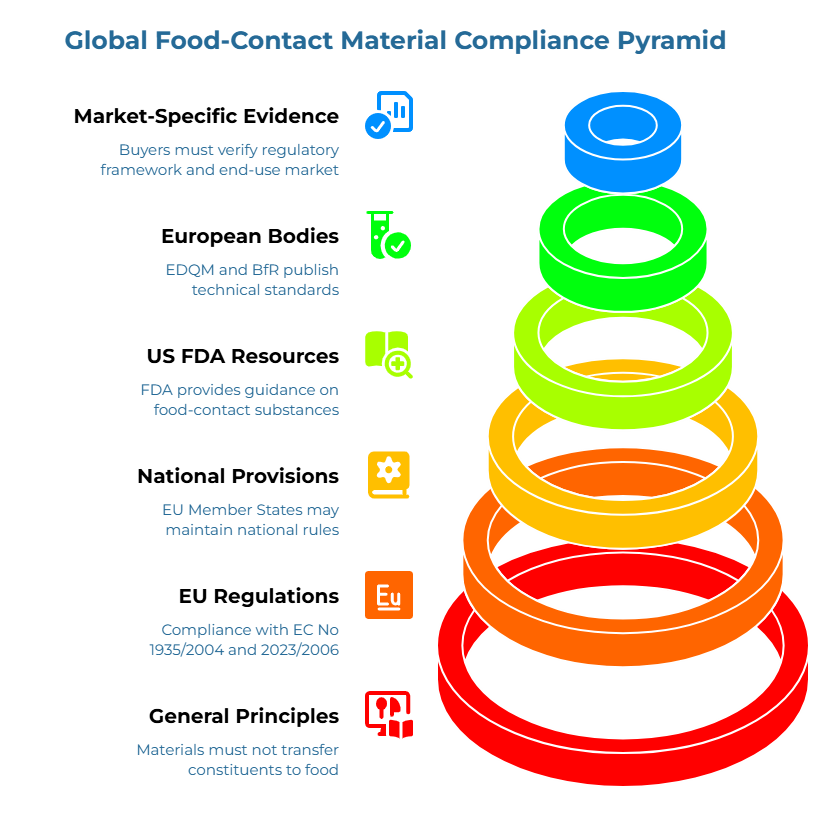 Infographic titled “Global Food-Contact Material Compliance Pyramid” showing layered rings for food-contact safety, EU rules, national regulations, FDA guidance, technical standards, and buyer verification of market and end-use requirements.