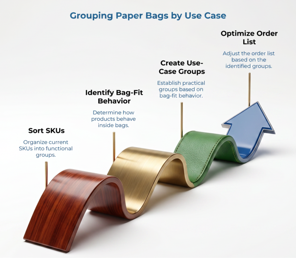 “Grouping Paper Bags by Use Case” showing a rising workflow to sort SKUs, identify bag-fit behavior, create practical use-case groups, and optimize the paper bag order list based on how products fit and behave inside bags.