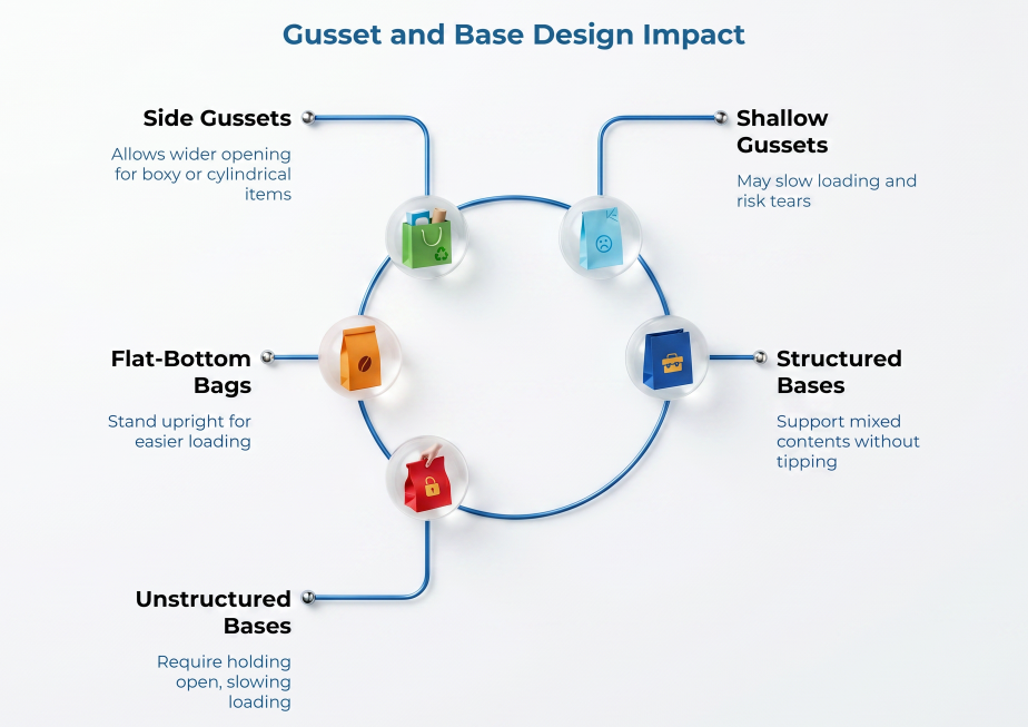 “Gusset and Base Design Impact” showing a circular guide to paper bag structure, covering side gussets, shallow gussets, flat-bottom bags, structured bases, and unstructured bases, with notes on loading ease, stability, and tear risk.