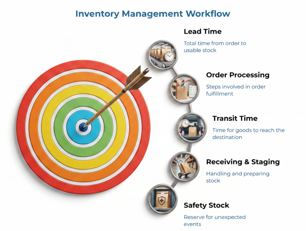 “Inventory Management Workflow” showing a target and arrow beside five paper bag stock planning steps: lead time, order processing, transit time, receiving and staging, and safety stock for unexpected events.