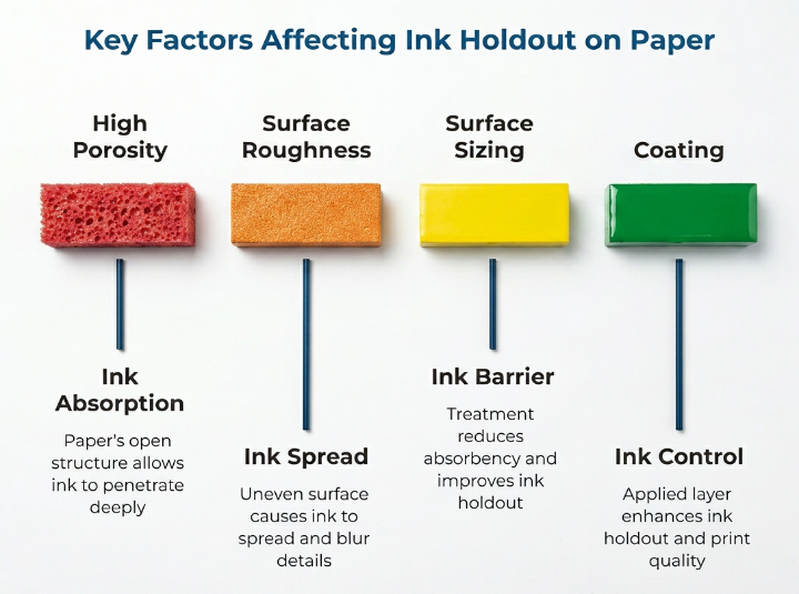 “Key Factors Affecting Ink Holdout on Paper” showing how high porosity, surface roughness, surface sizing, and coating influence ink absorption, ink spread, ink barrier performance, and print quality.