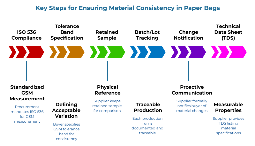“Key Steps for Ensuring Material Consistency in Paper Bags” showing six colored arrows covering ISO 536 GSM measurement, GSM tolerance bands, retained supplier samples, traceable production runs, formal material-change notices, and TDS specifications.