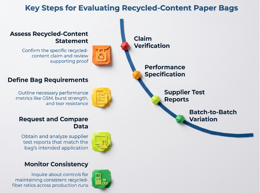 “Key Steps for Evaluating Recycled-Content Paper Bags” showing a curved workflow for claim verification, performance specification, supplier test reports, and batch-to-batch variation, alongside steps to assess claims, define requirements, compare data, and monitor consistency.