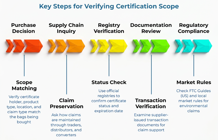 “Key Steps for Verifying Certification Scope” showing five stages: purchase decision, supply chain inquiry, registry verification, documentation review, and regulatory compliance, with checks for scope matching, claim preservation, status, transaction proof, and market rules.