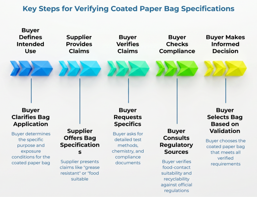 “Key Steps for Verifying Coated Paper Bag Specifications” showing a five-stage workflow: define intended use, review supplier claims, request test and compliance details, check food-contact and recyclability rules, and select a bag based on validation.