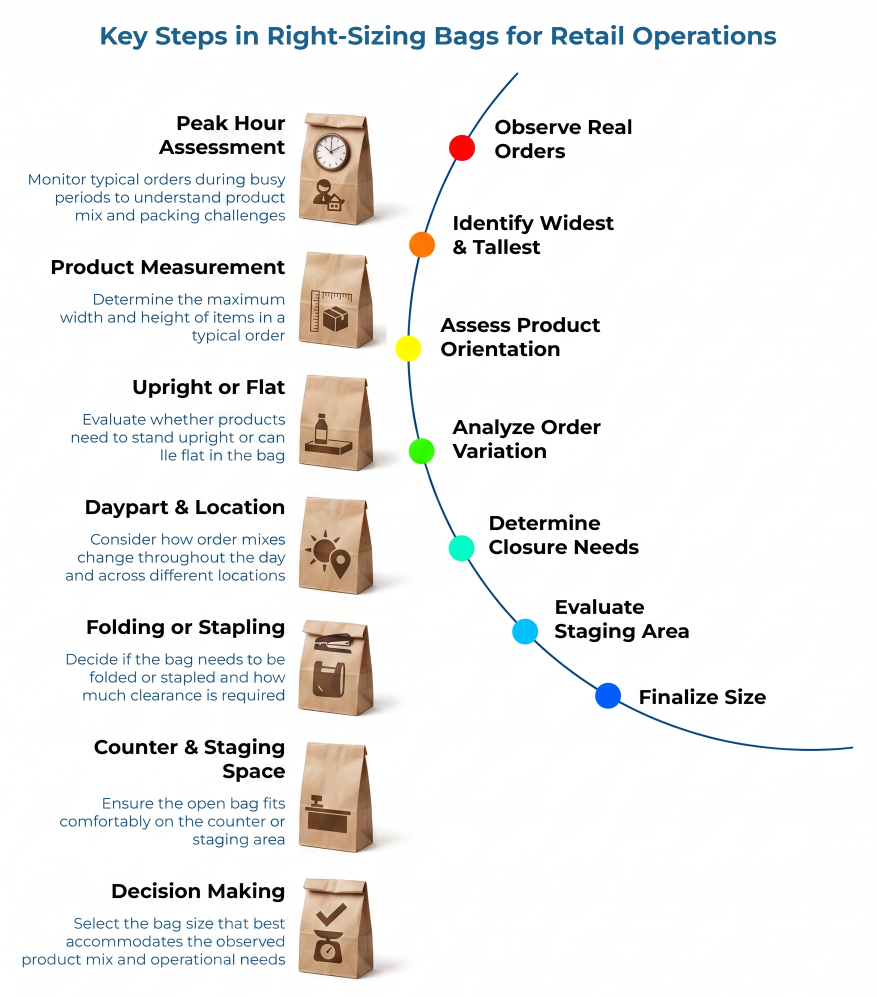 “Key Steps in Right-Sizing Bags for Retail Operations” showing a paper bag sizing workflow: observe real orders, identify widest and tallest items, assess orientation, analyze order variation, closure needs, staging area, and finalize size.
