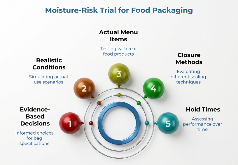 “Moisture-Risk Trial for Food Packaging” showing five numbered trial factors around a circular center: evidence-based decisions, realistic conditions, actual menu items, closure methods, and hold times for testing bag performance.