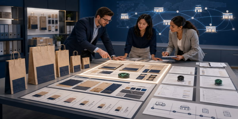 Retail team reviews paper bag samples, artwork controls, and rollout specs on a brand consistency desk.