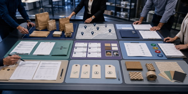 Multi-location paper bag changeover planning table with samples, checklists, map pins, and supplier documents.