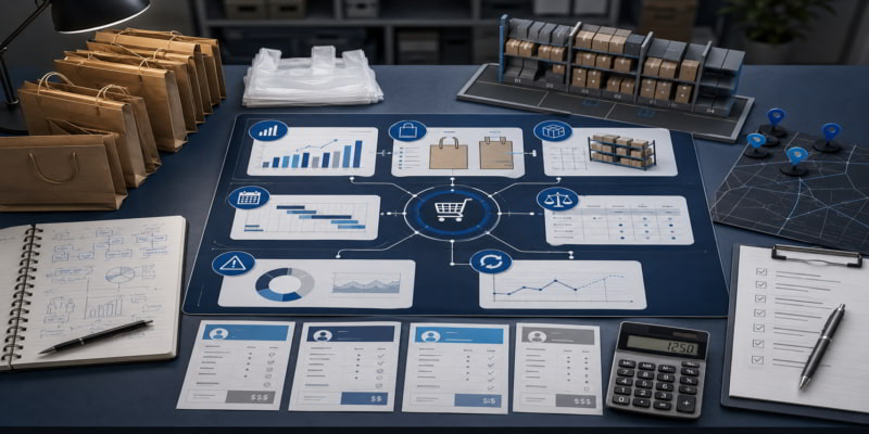 Desk-side planning dashboard with paper bags, plastic bags, cost charts, quotes, calculator, and rollout map.