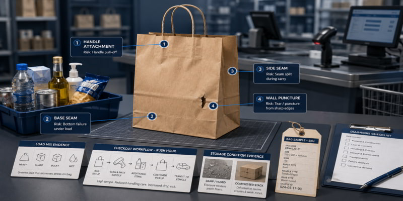 Paper bag quality inspection desk with labeled failure points, evidence cards, and retail checkout tools.
