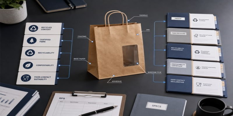 Kraft paper bag on a desk linking sustainability claims to proof folders in a claim-to-documentation matrix.