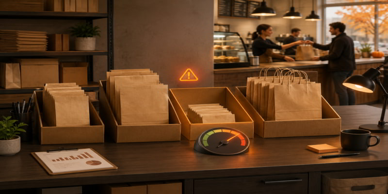 Inventory desk with paper bag bins, a low-stock warning gauge, and a cafe counter in the background.