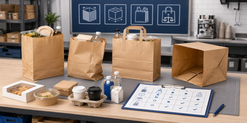 Paper bag pack-out testing desk with filled bags, gusset check, product mix, and evaluation matrix.