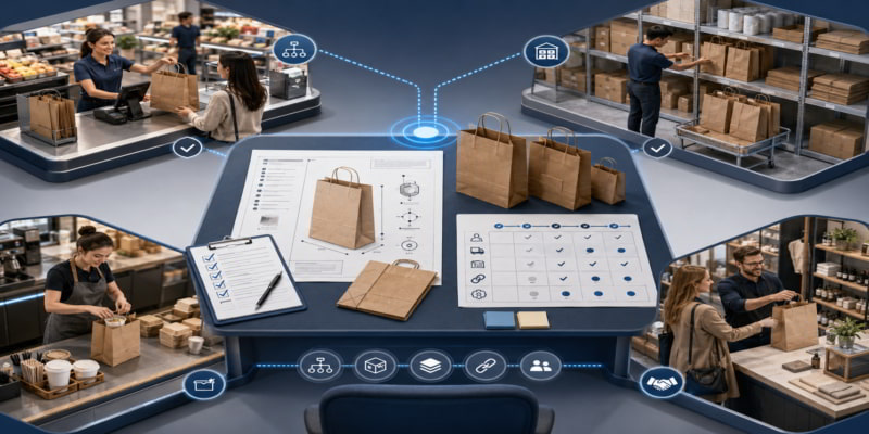 Central planning desk with paper bag samples linked to pilot testing scenes in retail, stockroom, cafe, and boutique settings.