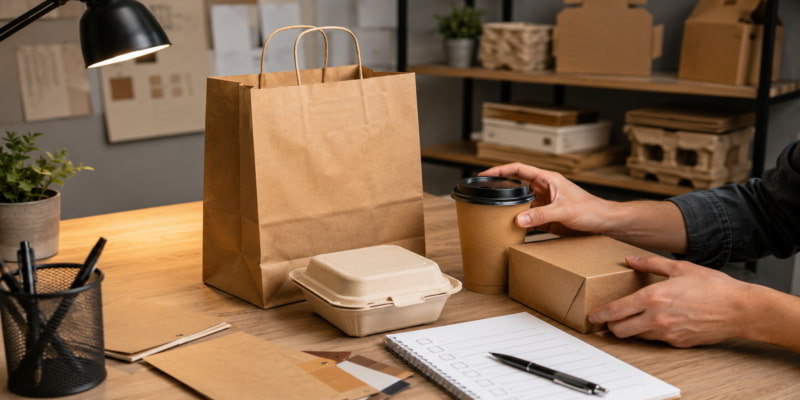 Paper bag sample tested on a desk with takeout container, coffee cup, retail box, and checklist.