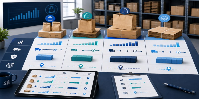 Paper bag SKU inventory desk with usage charts, lead-time markers, safety stock blocks, and reorder triggers.
