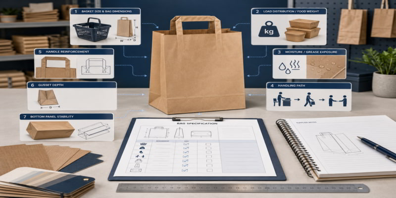 Procurement desk showing a paper bag specification sheet linked to load, size, moisture, handle, and gusset checks.