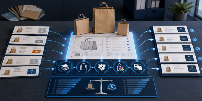 Specification control table aligning paper bag supplier quotes through grade, handle, coating, print, and SKU checkpoints.